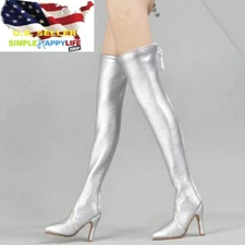 1/6 silver women boots over knee high heels for phicen hot toys kumik ❶USA❶
