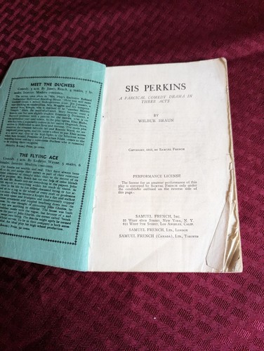 Sis Perkins by Wilbur Braun 1935 A Farcical Comedy Drama in Three Acts - Imagen 5 de 9