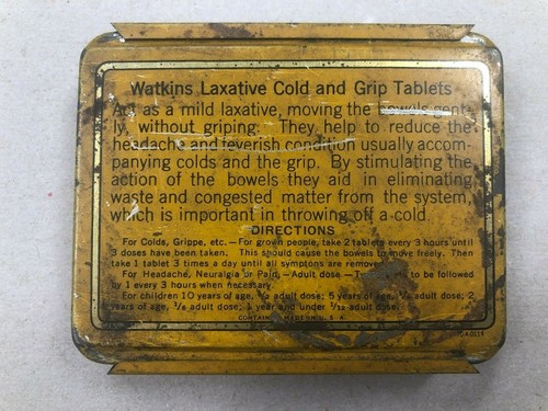 Vintage Tin Container Watkins Laxative Cold Tablets - Afbeelding 2 van 4