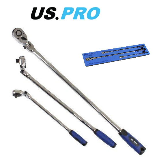 US Pro Flexible Ratchet Set 3pc Extra Long 1/4"" 3/8"" & 1/2"" Drive 4207