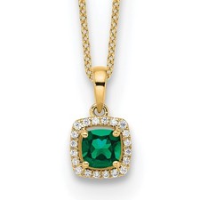14k Yellow Gold 1/10 Ct Cushion Created Emerald Diamond Halo Pendant Necklace