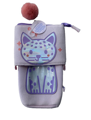 Pastel Pink Kitty Cat Pencil Pouch Flexible with Pom Pom Charm Pencil Pouches