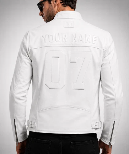 Men's White Leather Racing Biker Jacket – Modern Cafe Racer Style image 2