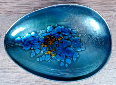 Kareka Enamel On Copper Vintage 1960's Teal & Blue Abstract Design Trinket Dish