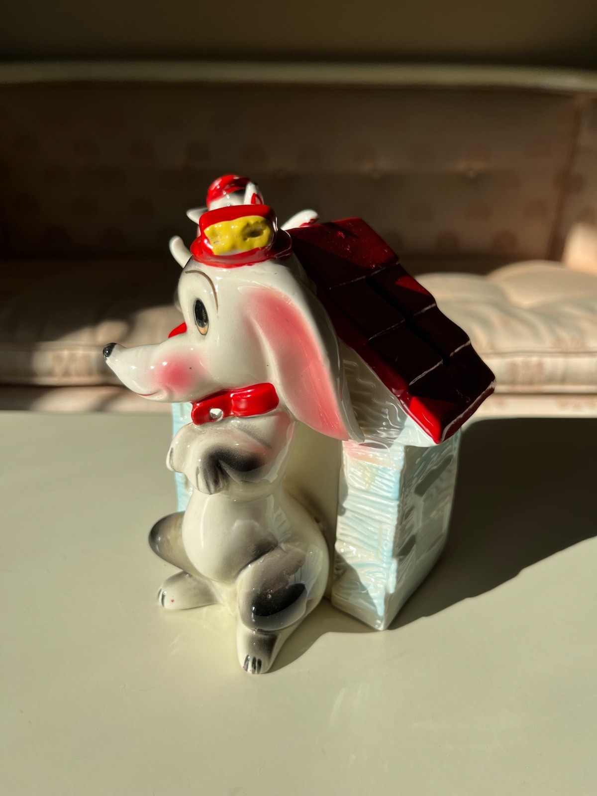 Vtg Lipper & Mann RED/BLACK/BLUE/WHITE Dashshund Mother DOG & PUP Ceramic BANK