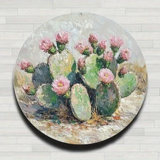 1pc Vintage Country Style Round Aluminum Wall Art - 7.87 Inch Cactus & Pink Flo