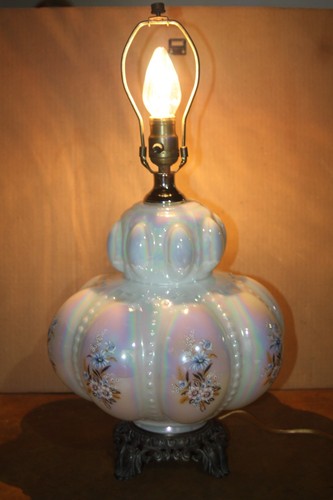 Vintage 70's Iridescent Hollywood Regency Bubble Glass Floral 3 Way Table Lamp