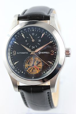 Bewell Men's Watch Automatic with Maltese Trident Glass Back Leather Strap