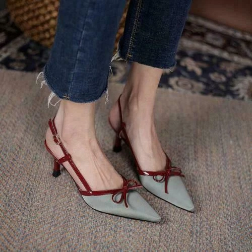 Damenschuhe Pfennigabsatz-Pumps Schleife Sandalen Fersenriemen spitz zulaufend Mode - Bild 4 von 27