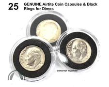 25 Pk Genuine Airtite Coin Capsules w 18mm Black Ring US Dimes / Air Tight