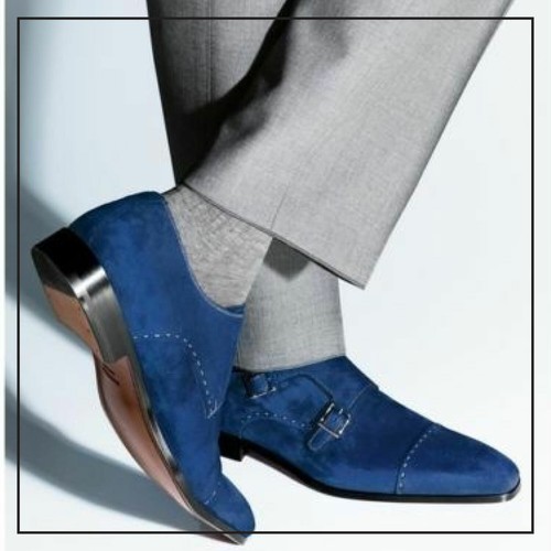 Handmade Men Monk Strap Shoes, Suede 