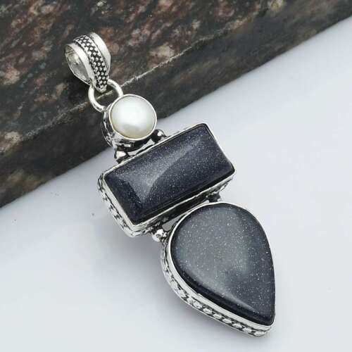Blue Sunstone Pearl Gemstone Ethnic Handmade Pendant Jewelry Gift 2.4" AP-38052 - Picture 1 of 1