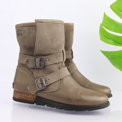 Sorel Women's Major Moto Boot Size 9 Beige Tan Suede Leather Double Buckle Flat