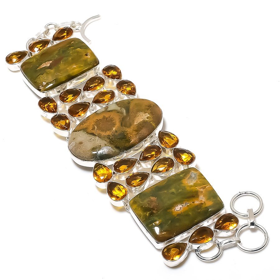 Landscape Jasper & Citrine Gemstone Bracelet in 925 Sterling Silver 7-8 Inch H704-image