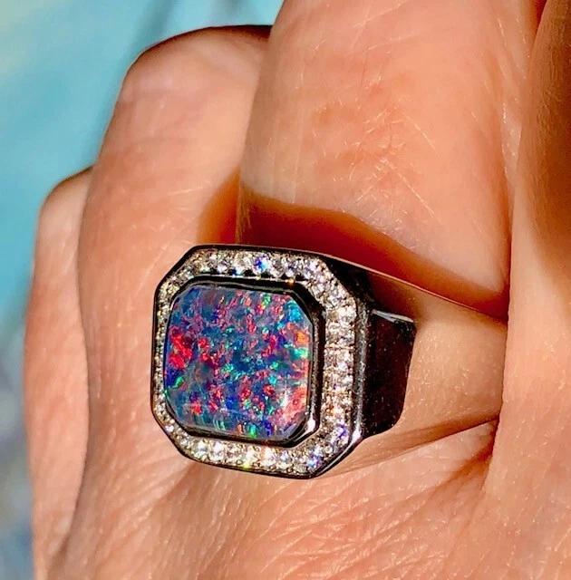 ¡BONITO! Anillo Sólido Pesado Para Hombre Esterlina Ópalo Negro Colorido Fuego 10 T U tiene VIDEO Foto 2 de 4