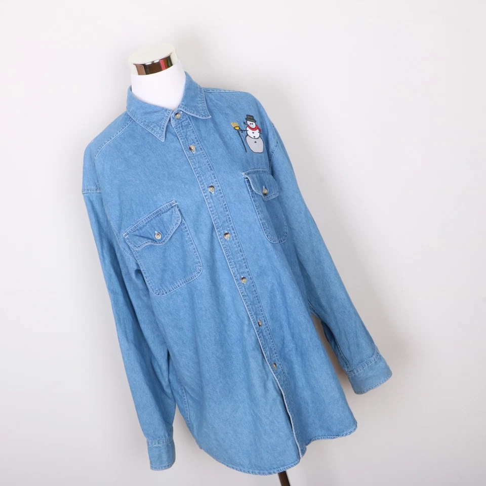 Basic Editions Blue Denim Snowman Button Down Casual Shirt Women's M Long Sleeve - Image 2 of 4