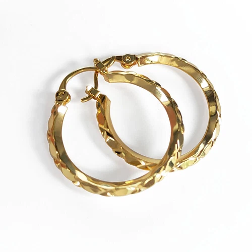 9ct Yellow Gold Diamond Cut Creole Hoop Earrings - 25mm Diameter - Picture 1 of 9