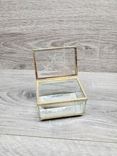 Vtg Etched Glass Brass Trinket Box Footed Mirror Bottom Hinged Lid Jewerly Box
