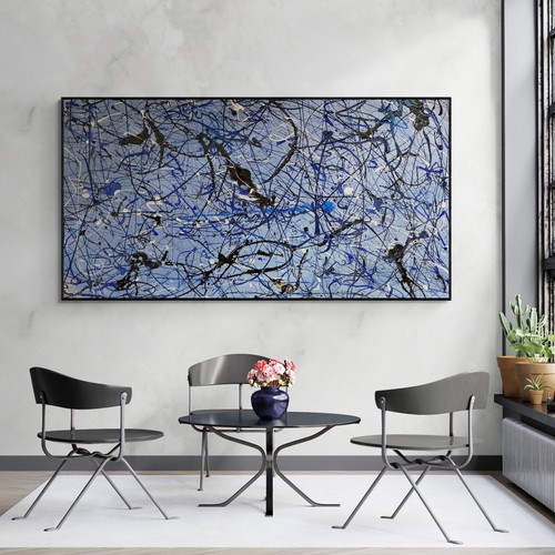XXL Jackson Pollock Style Blue Jeans Abstract Painting - Handmade - 78x39 in - Picture 6 of 9
