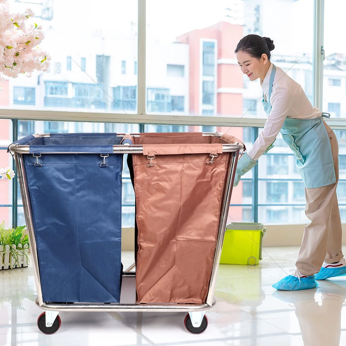 Rolling Laundry Sorter Cart 2 Bag Commercial Laundry Hamper Basket Cart with He
