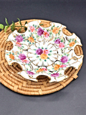 Beautiful Small Porcelian Trinket Dish with Handpainted Roses Unique Style Edge