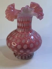 Vintage Fenton Glass Cranberry Opalescent coin dot Ruffled Statement Vase