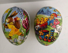 2- Echt Erzgebirge German Paper Mache Easter Eggs Vintage 4 1/2" Bunnies Chicks