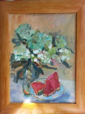 Original Painting eustoma и ripe watermelon in  Art Impressionistic Oil 19x 23in