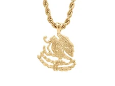 Gold Large Mexican Shield Eagle Necklace, 14k Heavy Plated Gold, 4mm Rope Chain