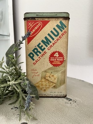 Vintage Nabisco Premium Saltine Crackers Tin 14oz Bilingual 1960s Kitchen Decor
