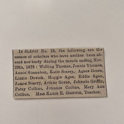 Names of Scholars Absent Nor Tardy 1878 Bennington VT Clipping TAJ8-S15
