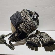 NWT- Muk Luks 2-Piece Winter Set Fair Isle Knit Hat Scarf Gloves Grey Brown