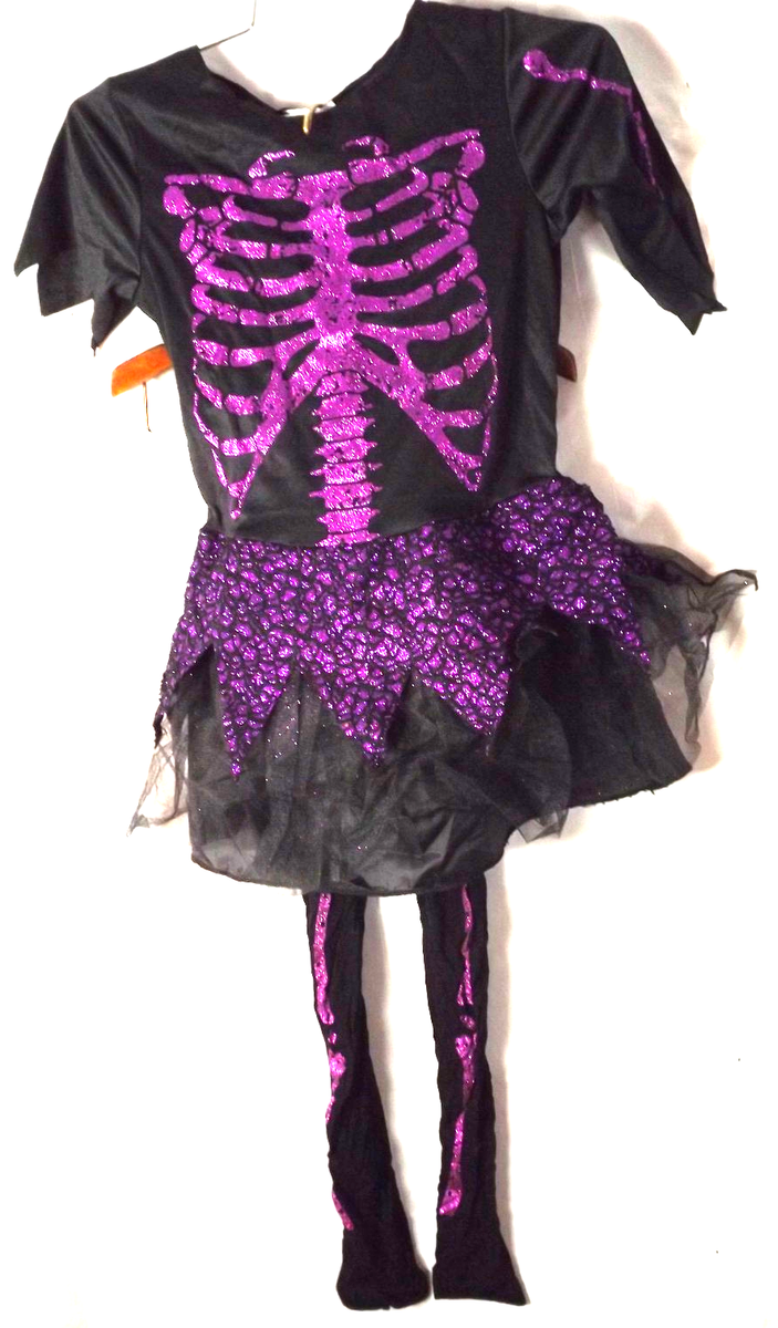 Girls Costume Skeleton" Day Of The Dead" Purple/Black Glitter Dress Sz  (8-10)Y