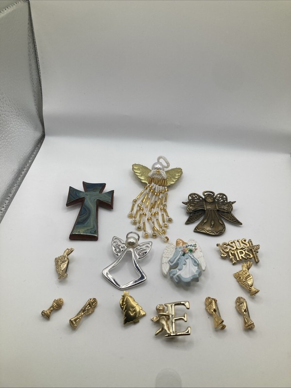 Lot Of 14 Christian Religious Angel Cross Brooch Pins