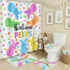 4 Pcs Easter Bathroom Set Bunny Shower Curtain with Non-Slip Rugs, Toilet Lid...