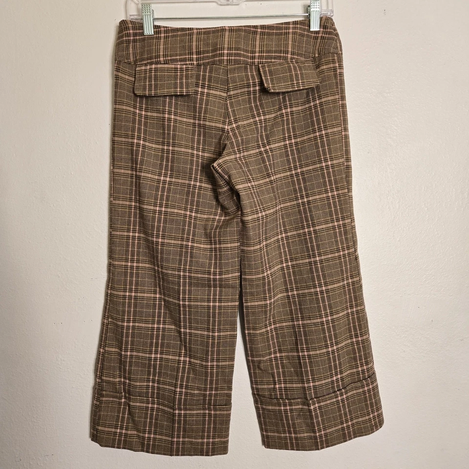 Винтажные укороченные брюки Y2k в клетку с заниженной талией и манжетами размер 5 коричневые розовые капри - Изображение 3 из 4