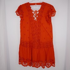 Free People Esperanza Eyelet Mini Dress Orange Large Boho Vacation Beach NEW