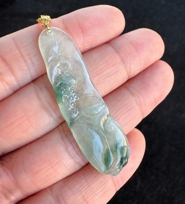 Highly Icy Floating Green Lotus Flower Jadeite Jade Pendant 18K Gold Buckle