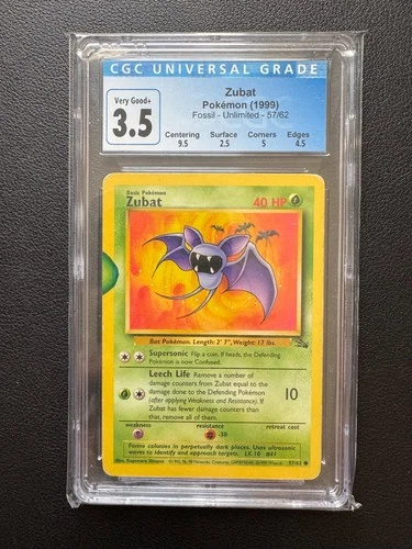 Zubat 57/62 Fossil Non 1999 Pokemon Card CGC 3.5 Blue Stain Error Misprint