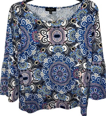Melissa Paige Blue Medallion Flare Bell Sleeve Top Petite LARGE See All Pics