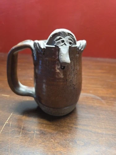 vintage studio art pottery mug ugly face funny face folk art Handmade Stoneware