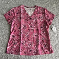 Koi Next Gen Scrub Top Women  s Sz XL Pink Denim Floral Stretch Nursing Medical