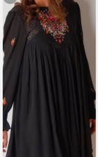 FREE PEOPLE Black “ MOHAVE” Sz XS £98 Embroidered & Lace Smock Sleeve Dress