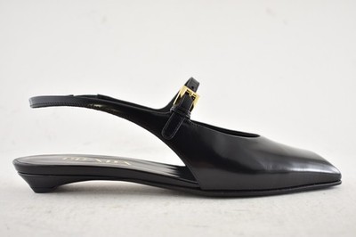 Prada Black Leather Square Toe Mary Jane Slingback Ballerina