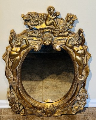 Antique Rococo Baroque Gold Gilded Gilt Wood Mirror Cherub 33  x 23 