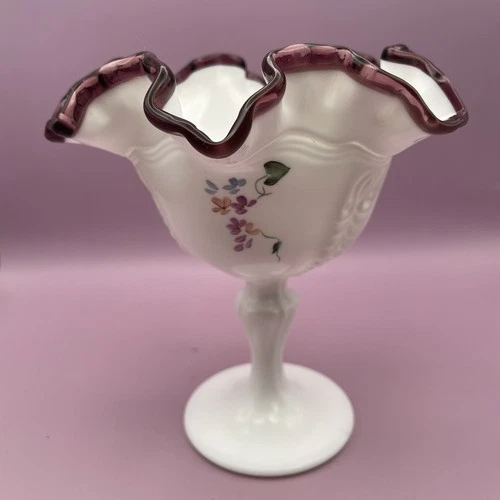 Plum Amethyst Fenton Milk Glass Floral Compote Hand Painted Signed