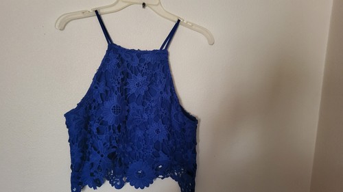 Forever 21 Blue Lace Cami Sz L Back Zip Thin Strap fairy Goth Grunge Evening - Picture 9 of 20