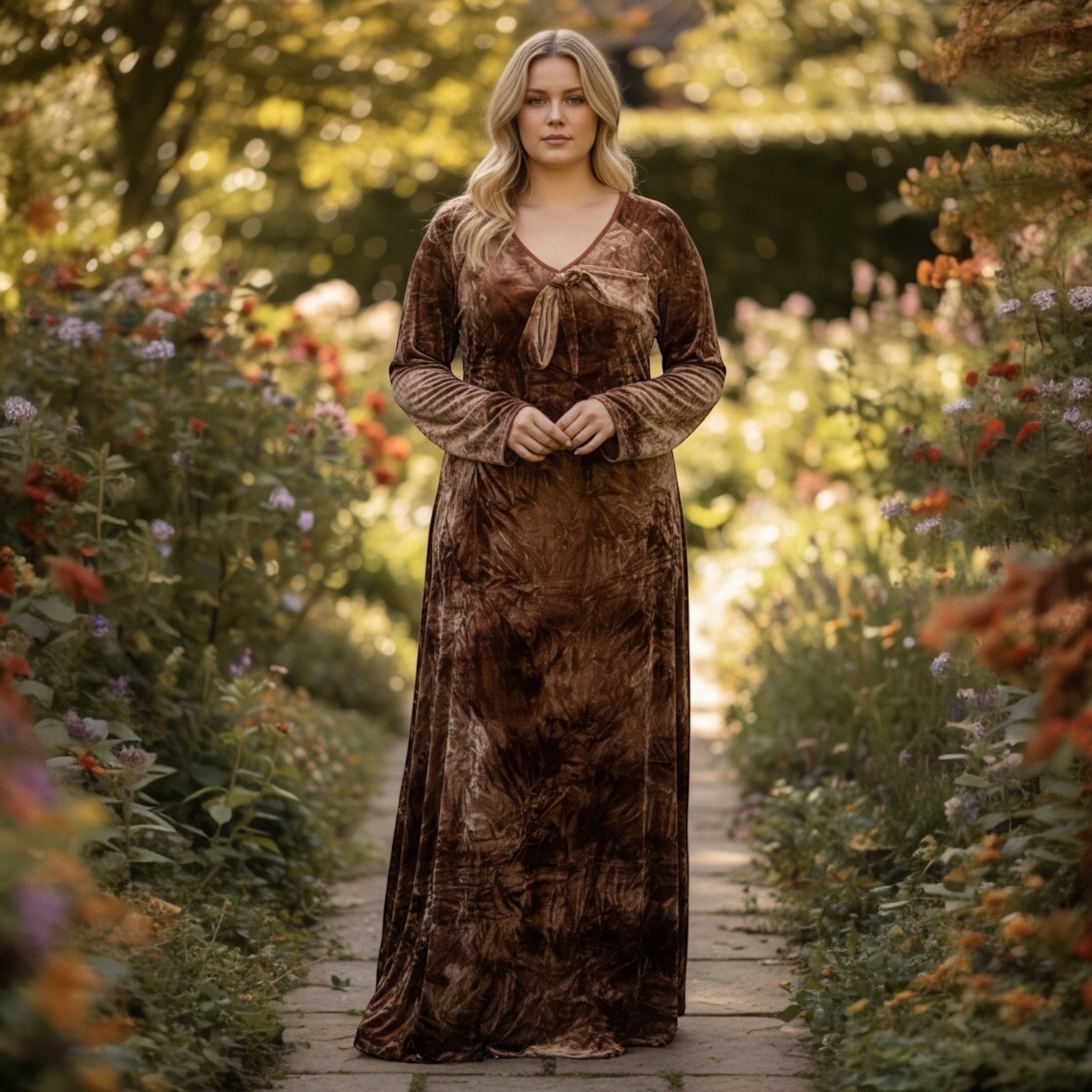 Brown Crushed Velvet Maxi Dress XL Witchy Boho Renaissance Flare