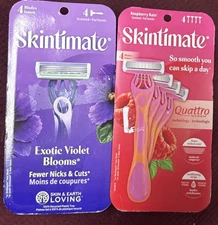 2 Pk NEW Skintimate Exotic Violet Scent(4) Raspberry Rain Quattro (4)  8 Total