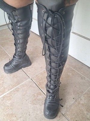 Demonia Black Over The Knee Lace Up Platform Round Toe Boots Women 10